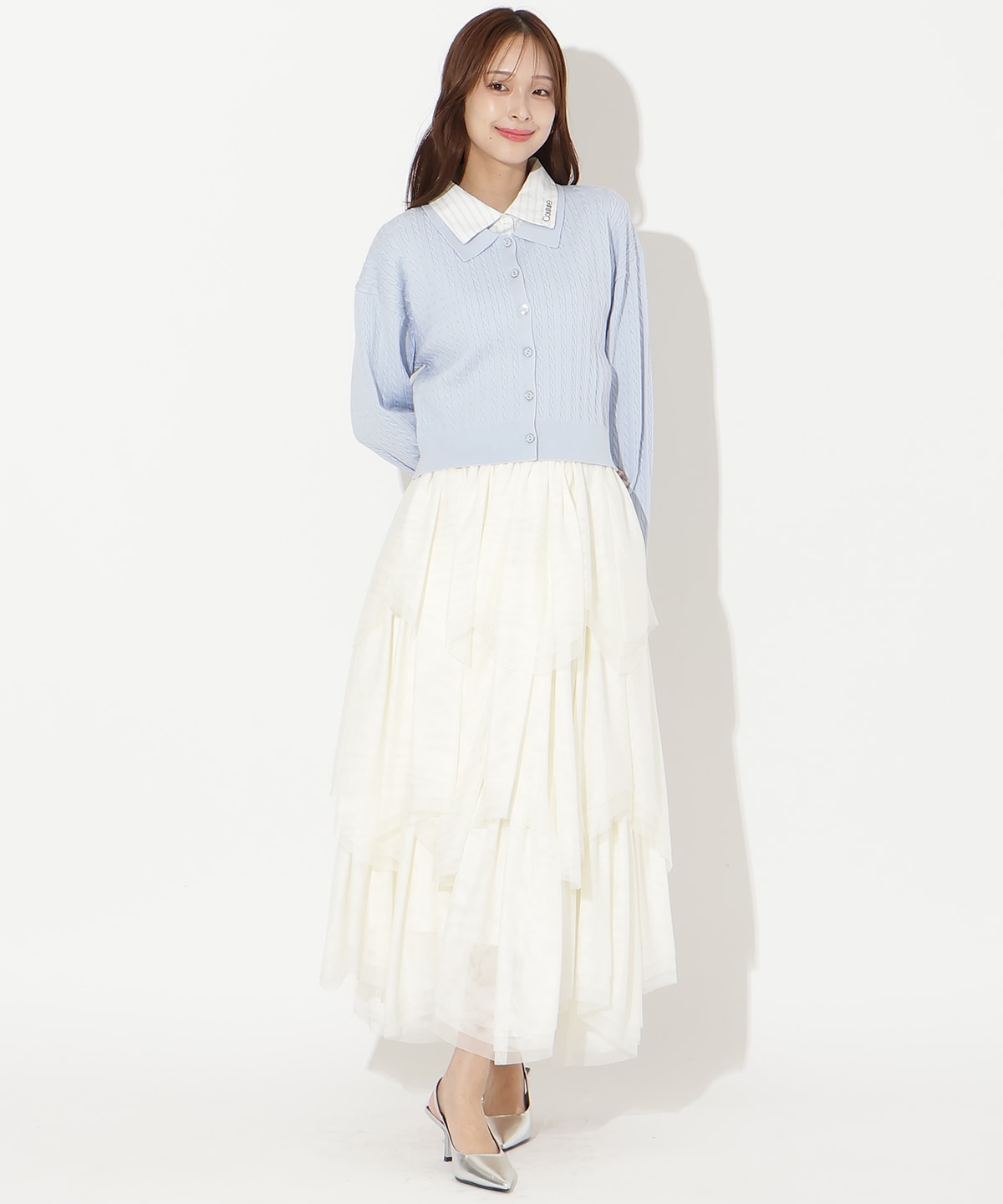 【先行予約受付中】シャツレイヤード風ケーブルカーディガン