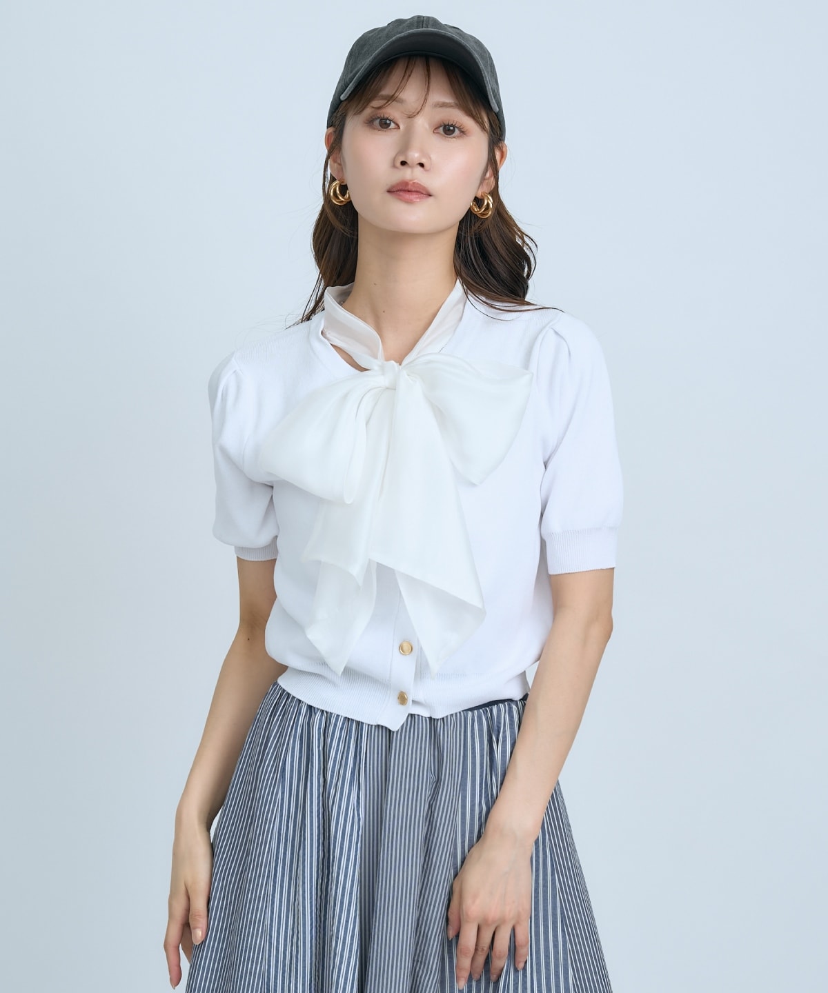 【先行予約受付中】異素材リボン半袖ニットカーディガン