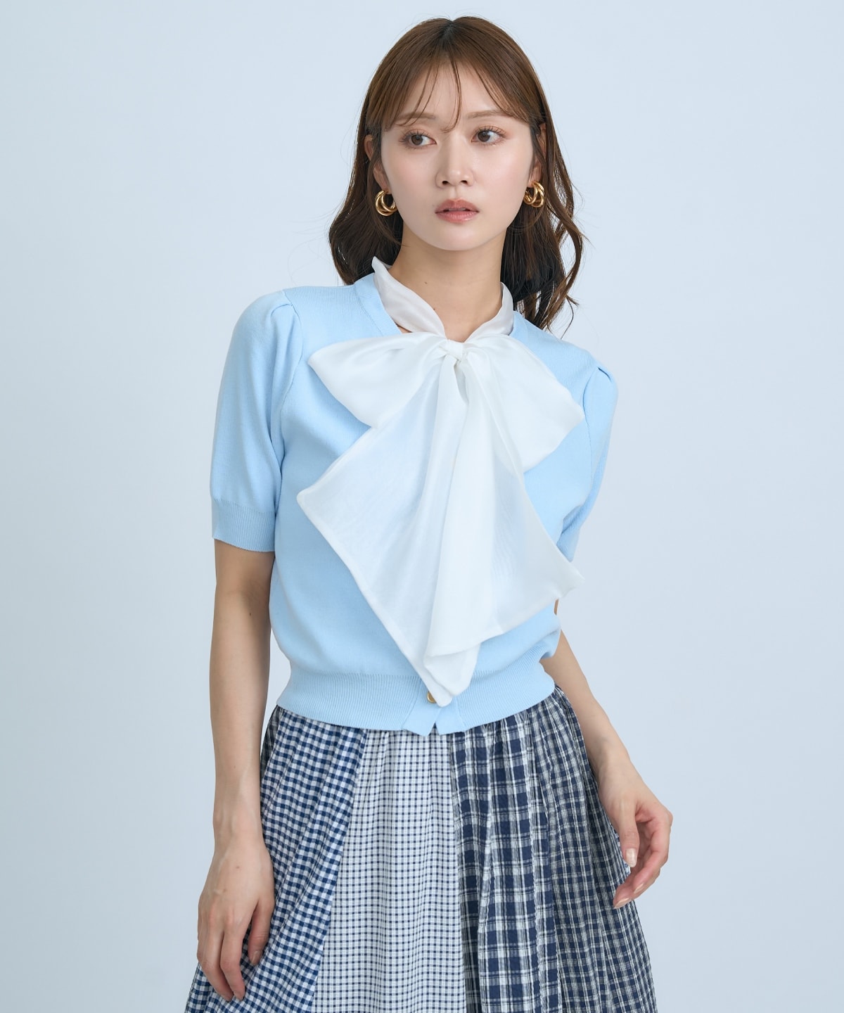 【先行予約受付中】異素材リボン半袖ニットカーディガン