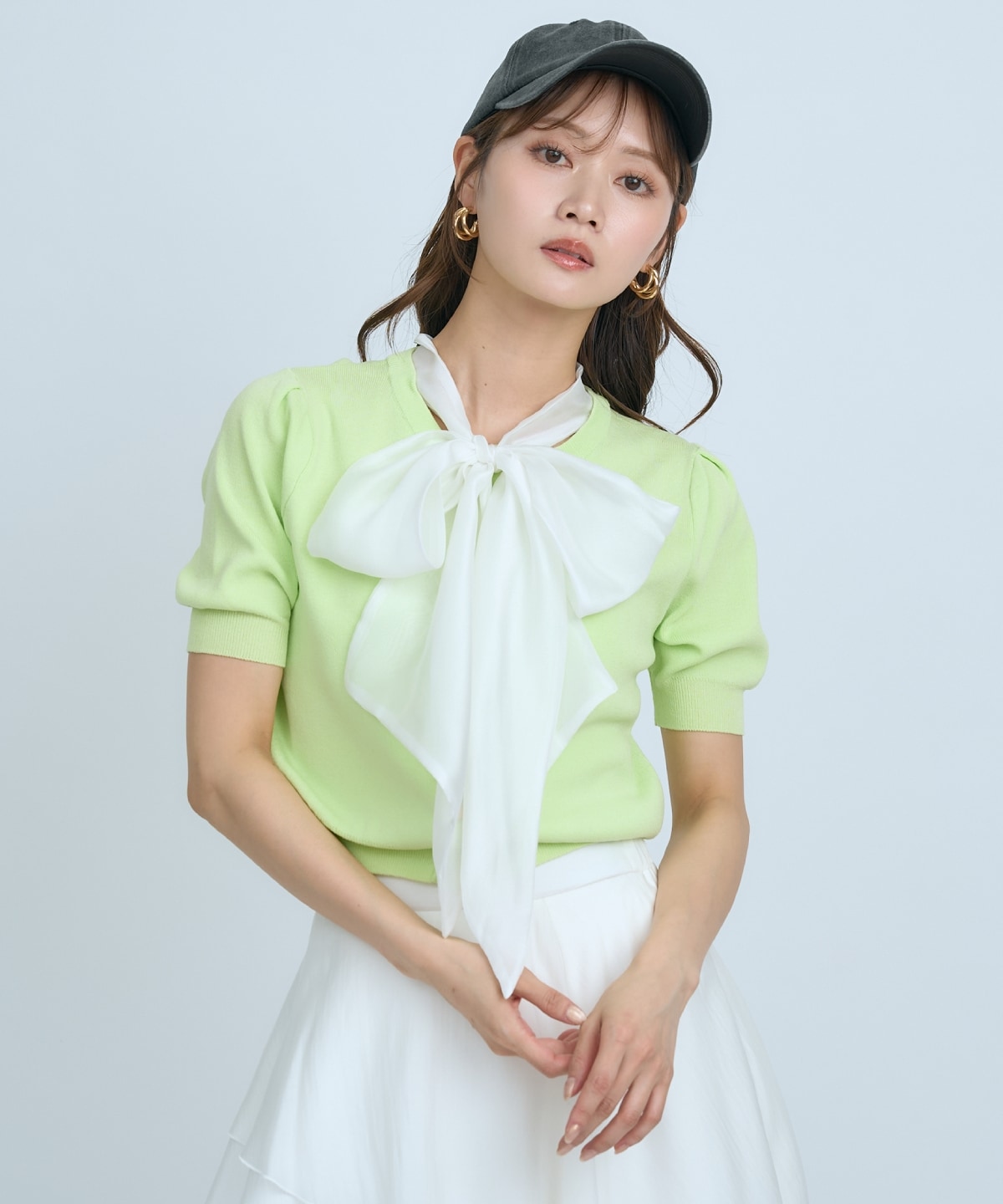 【先行予約受付中】異素材リボン半袖ニットカーディガン