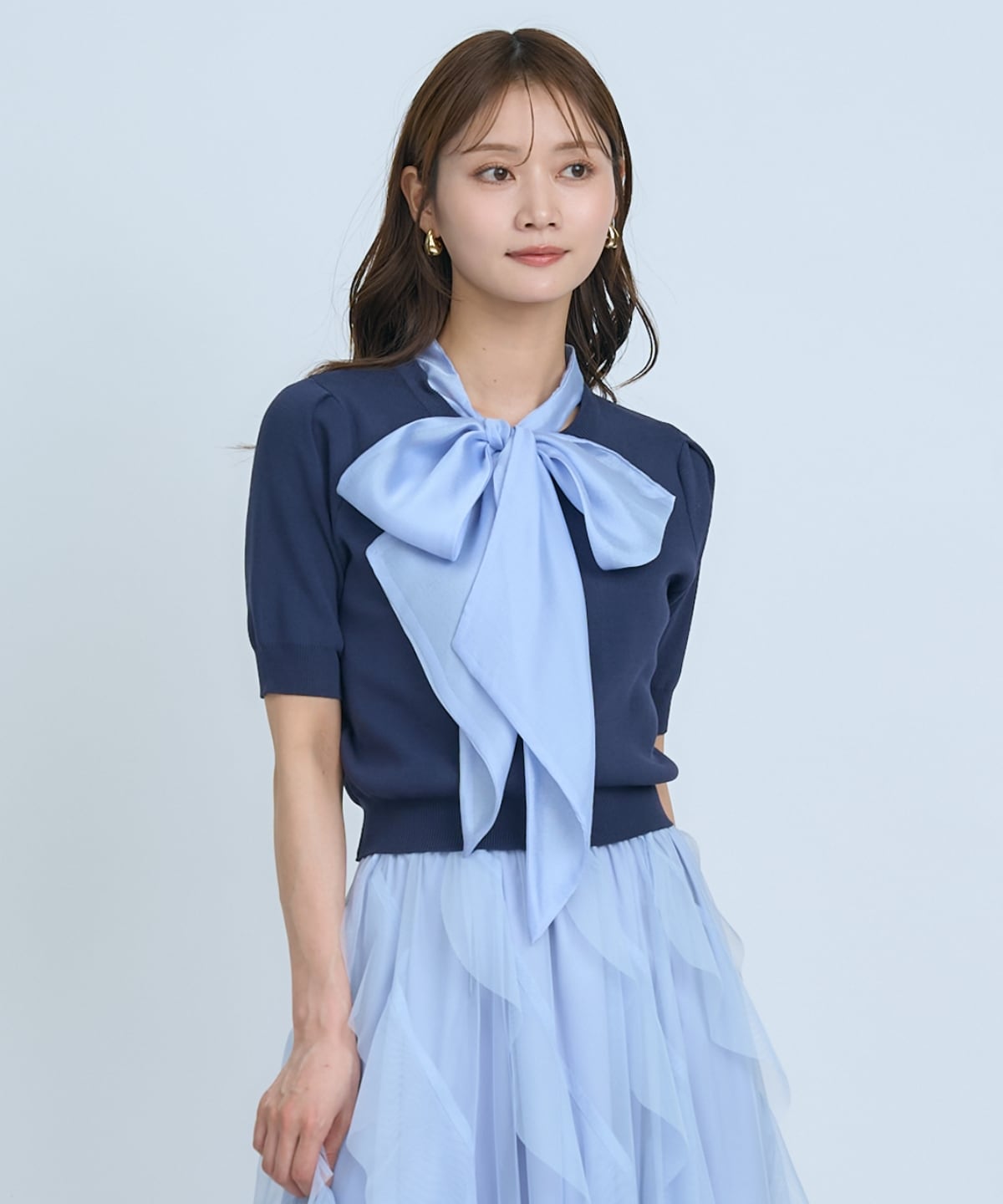 【先行予約受付中】異素材リボン半袖ニットカーディガン