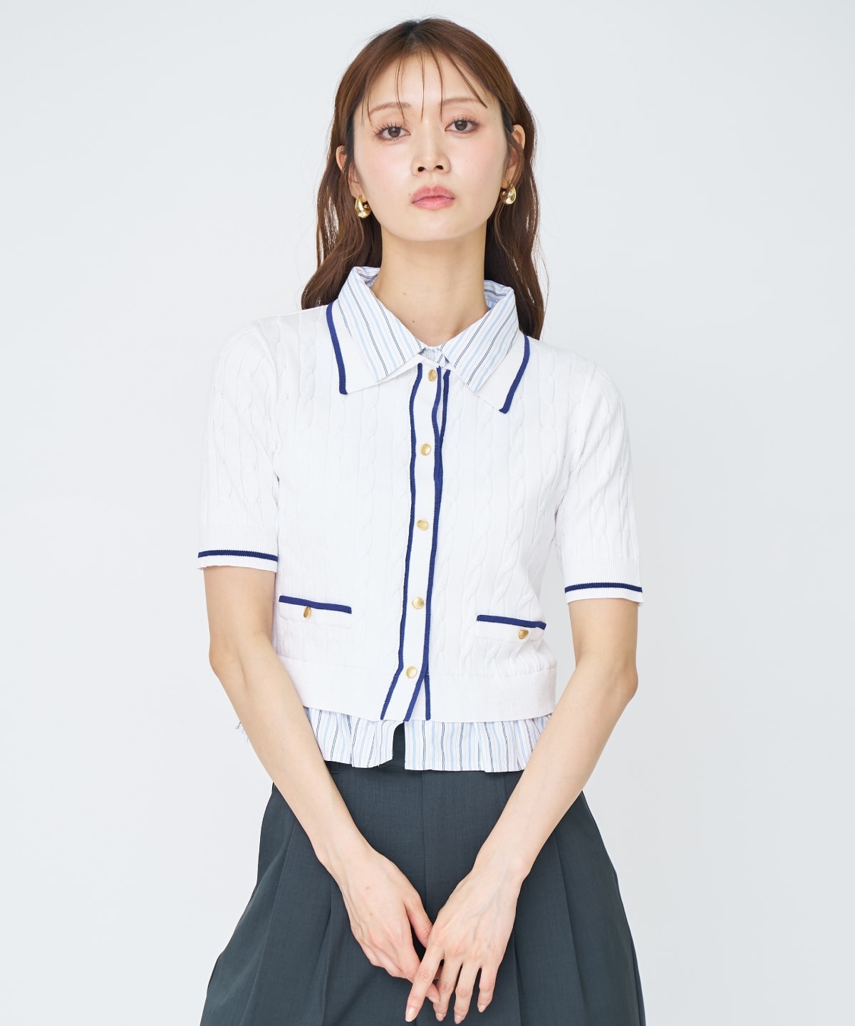 【先行予約受付中】配色シャツ襟ペプラムニットプルオーバー