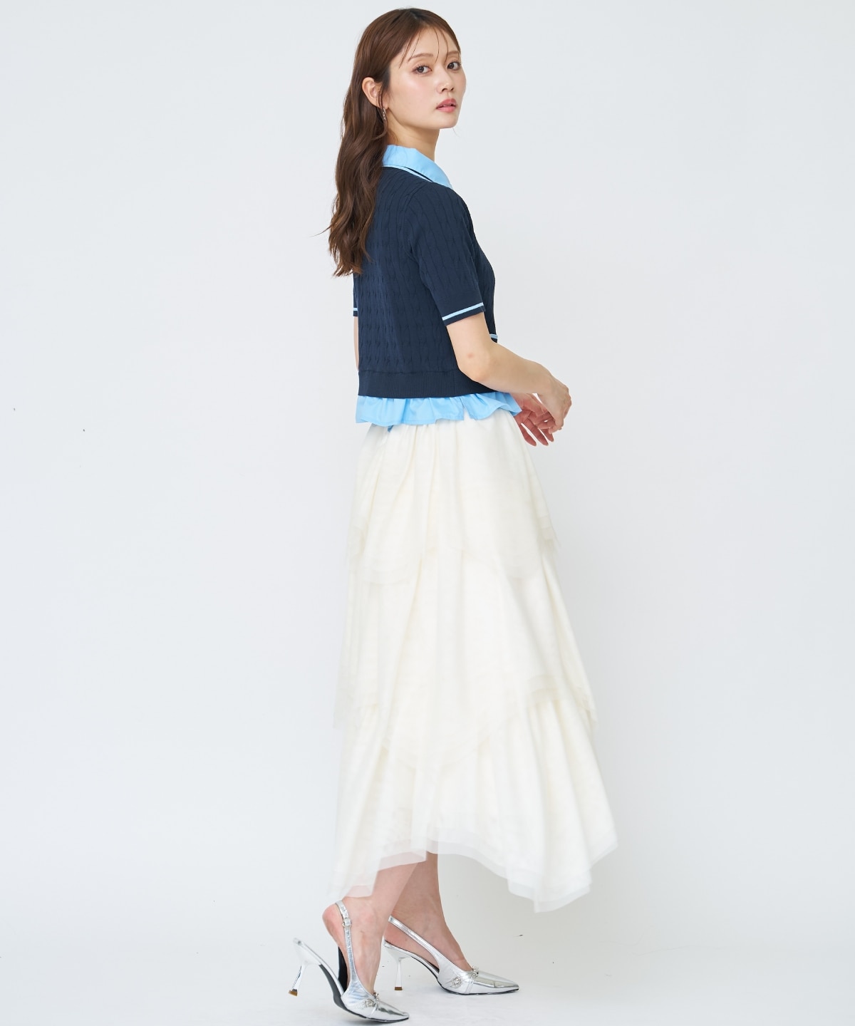 【先行予約受付中】配色シャツ襟ペプラムニットプルオーバー