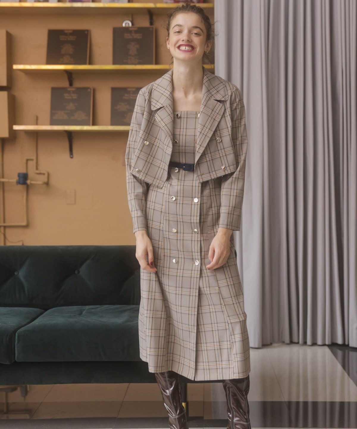 ショートジャケット タイトロングワンピースセット S ベージュ系チェック Redyazel 公式オンラインショップ バーンデストローズ