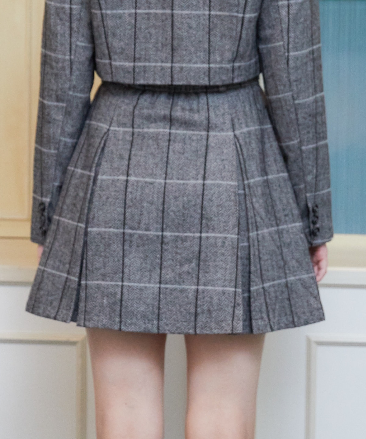 【セットアップ可能】ヘリンボーンチェックタックミニスカート