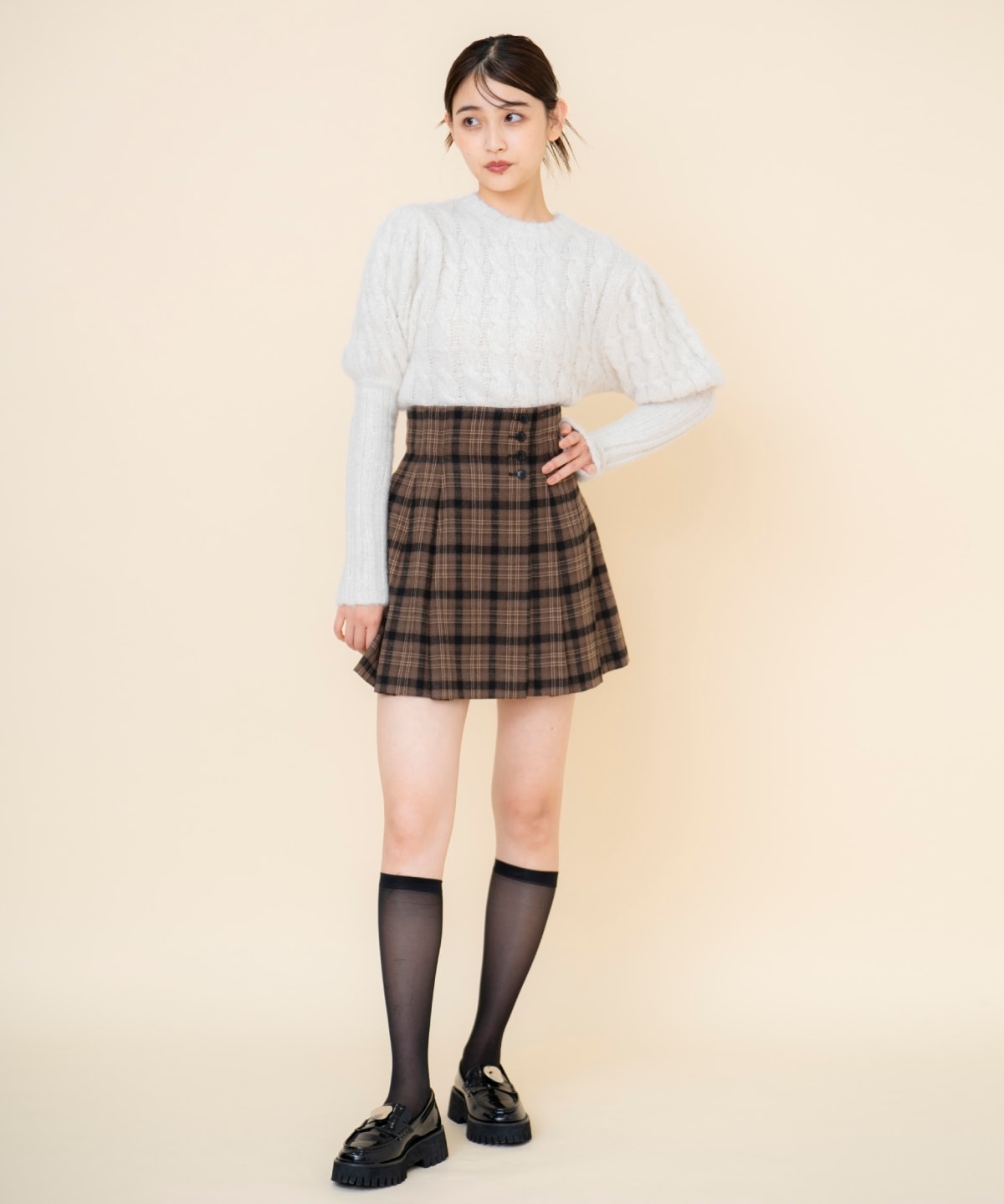 ケーブルパフスリーブニットトップス