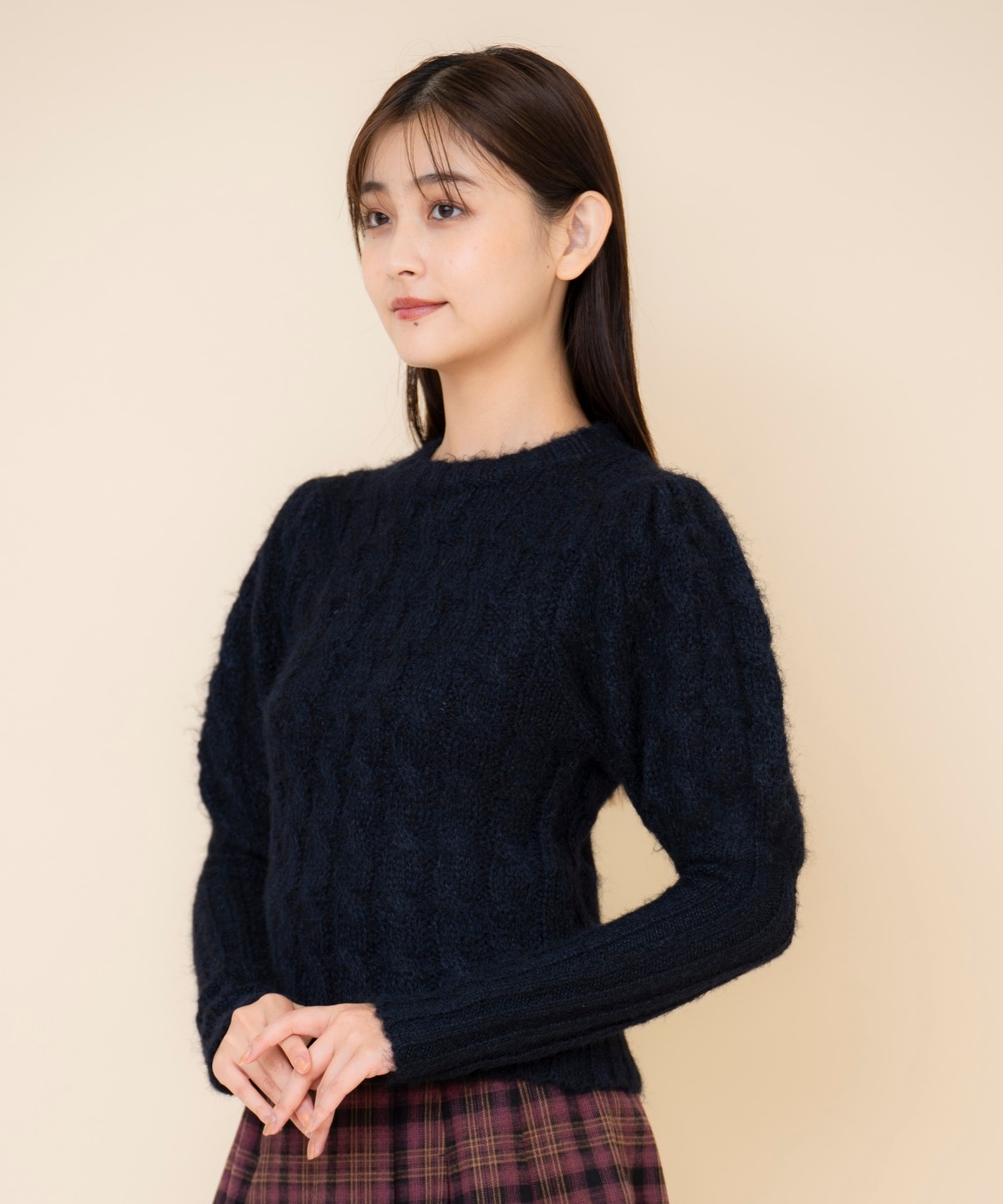 ケーブルパフスリーブニットトップス