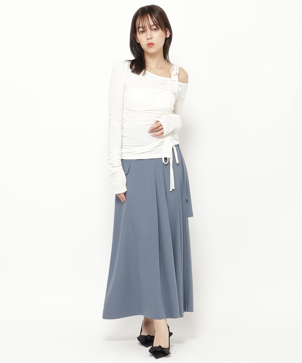 シャーリングリボンアシメトップス