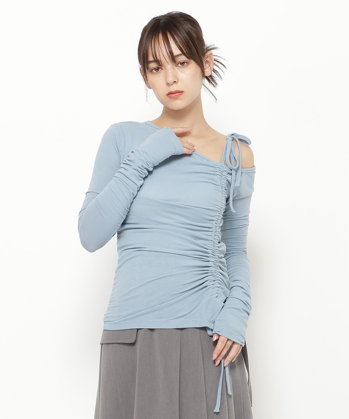 シャーリングリボンアシメトップス