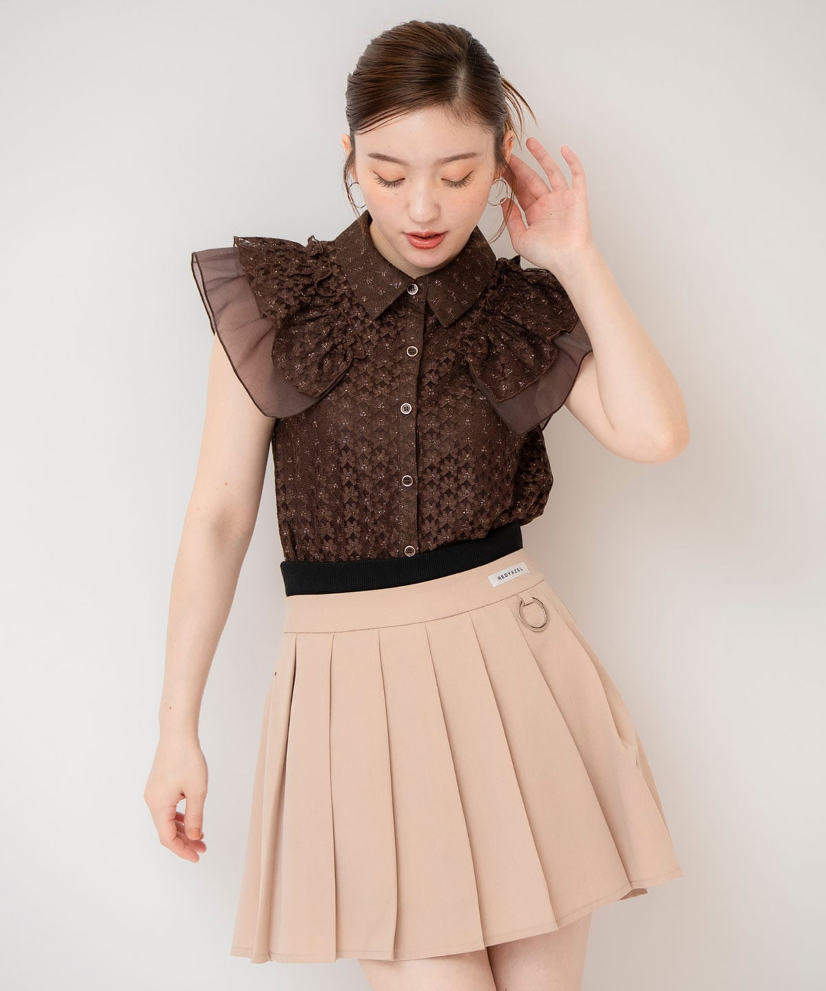 ラメレースフリルスリーブブラウス