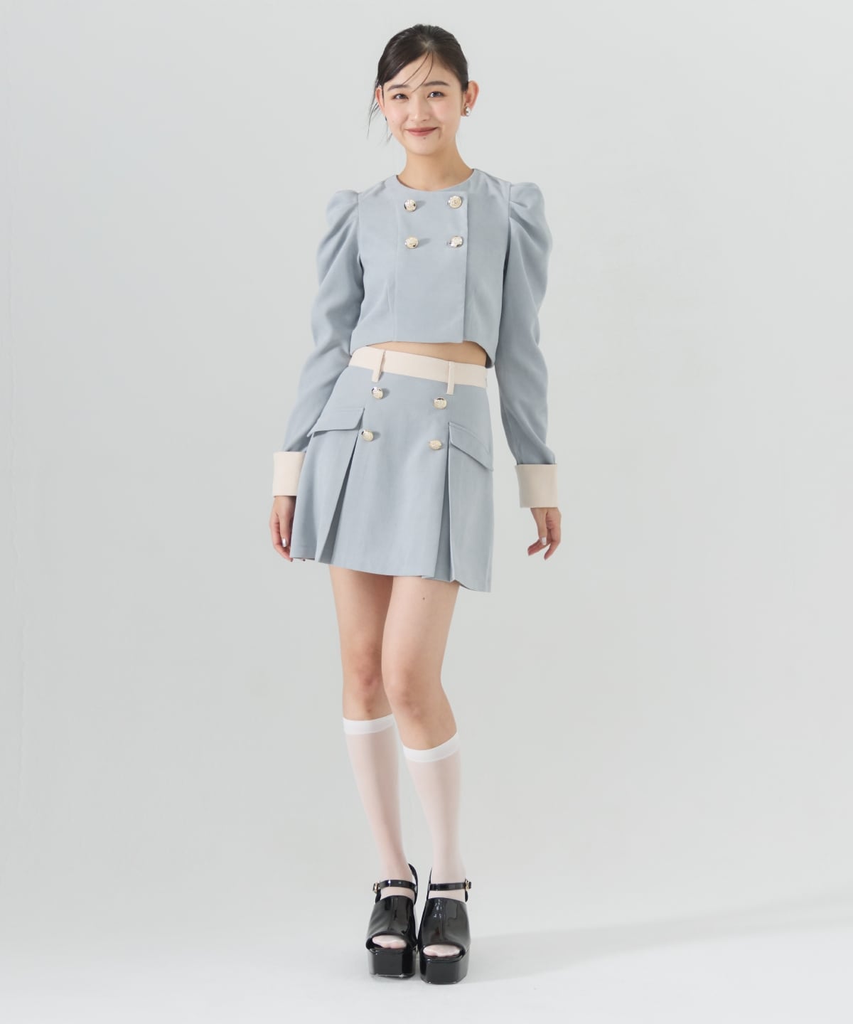 【セットアップ可能】ダブルボタンバイカラーミニスカート