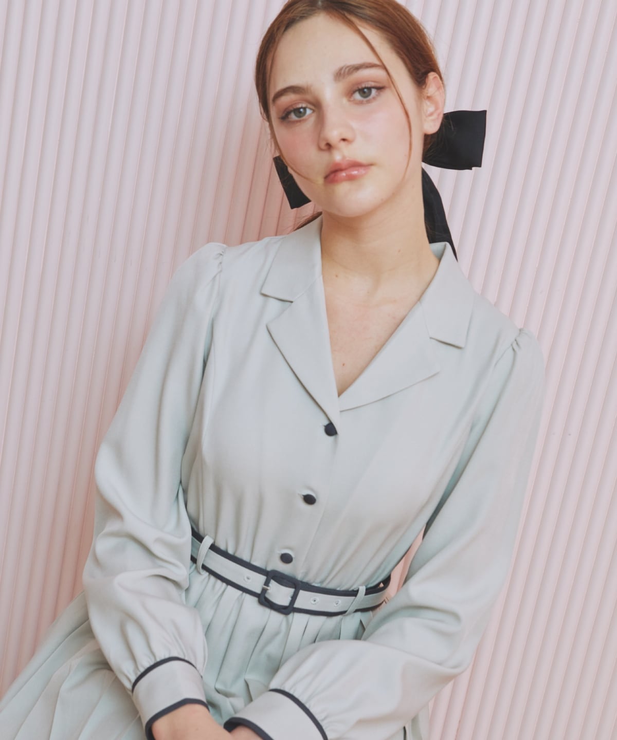 バイカラープリーツシャツワンピース