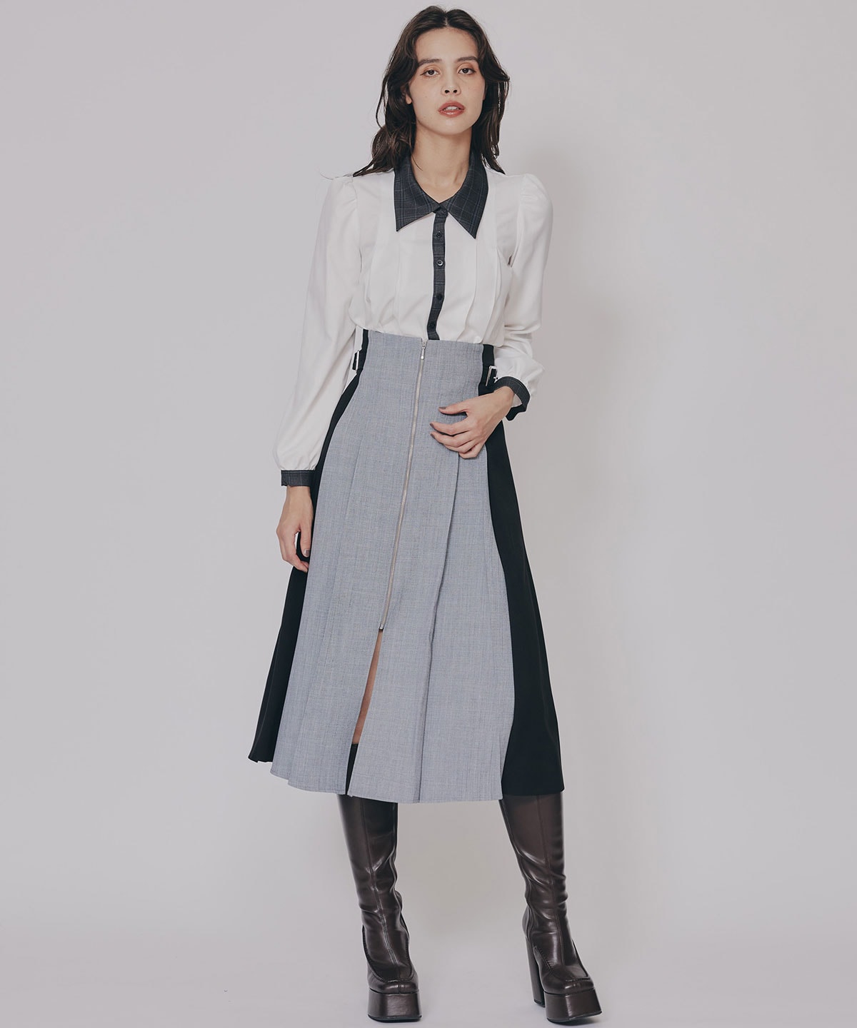 チェックバイカラーリボンタイブラウス