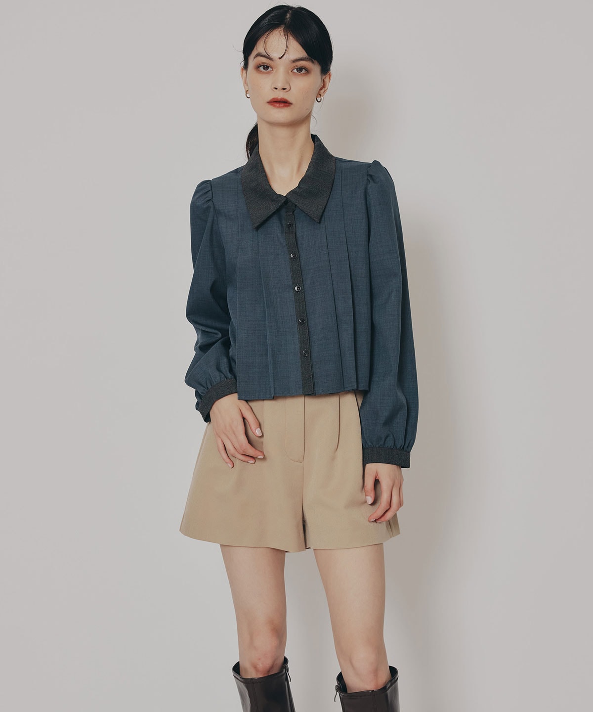 チェックバイカラーリボンタイブラウス