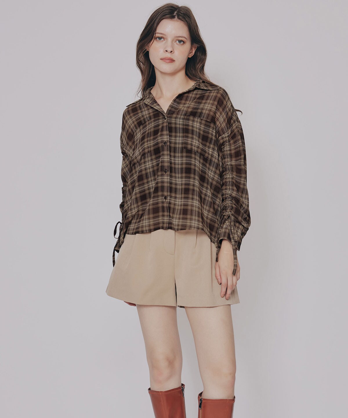 シアーチェックドロストスリーブシャツ