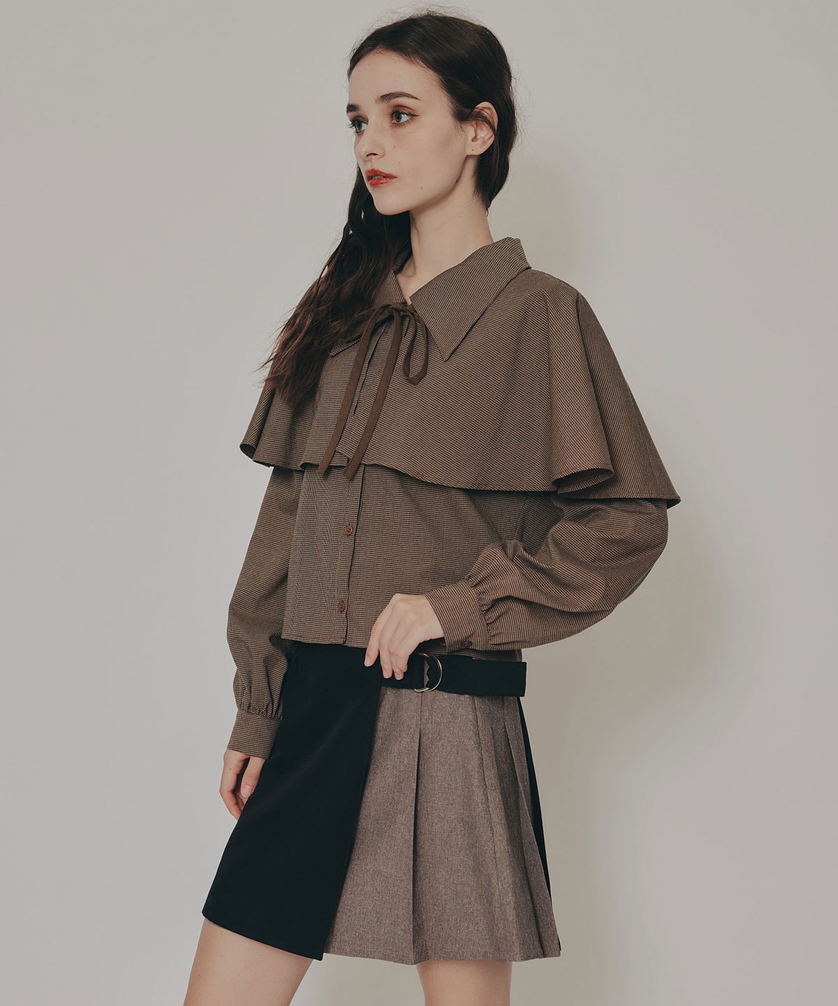 ケープライクグレンチェックリボンタイブラウス