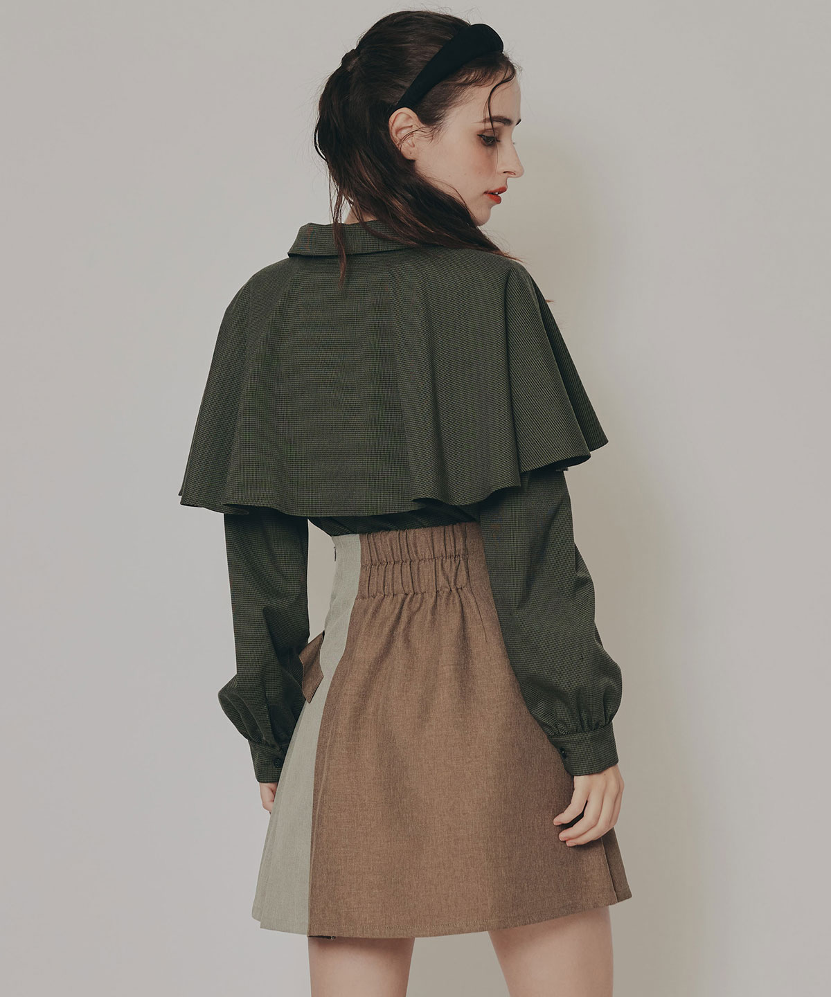 ケープライクグレンチェックリボンタイブラウス