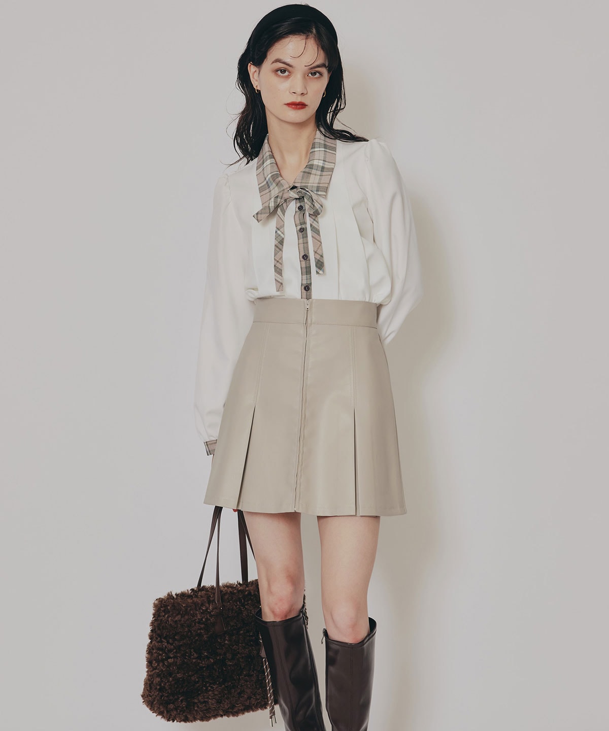 【セットアップ可能】フェイクレザーBOXプリーツミニスカート