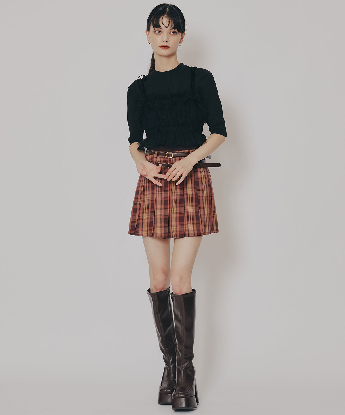 ダブルベルトチェックプリーツミニスカート(S レッド): REDYAZEL
