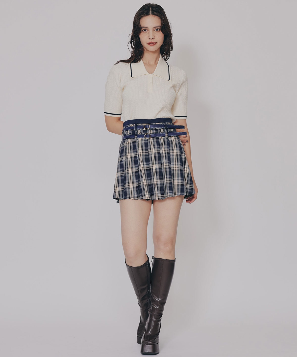 ダブルベルトチェックプリーツミニスカート