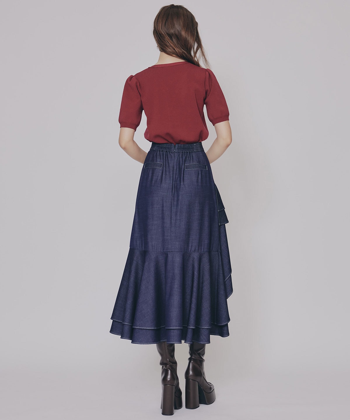 アシメフリルデニムライクティアードスカート