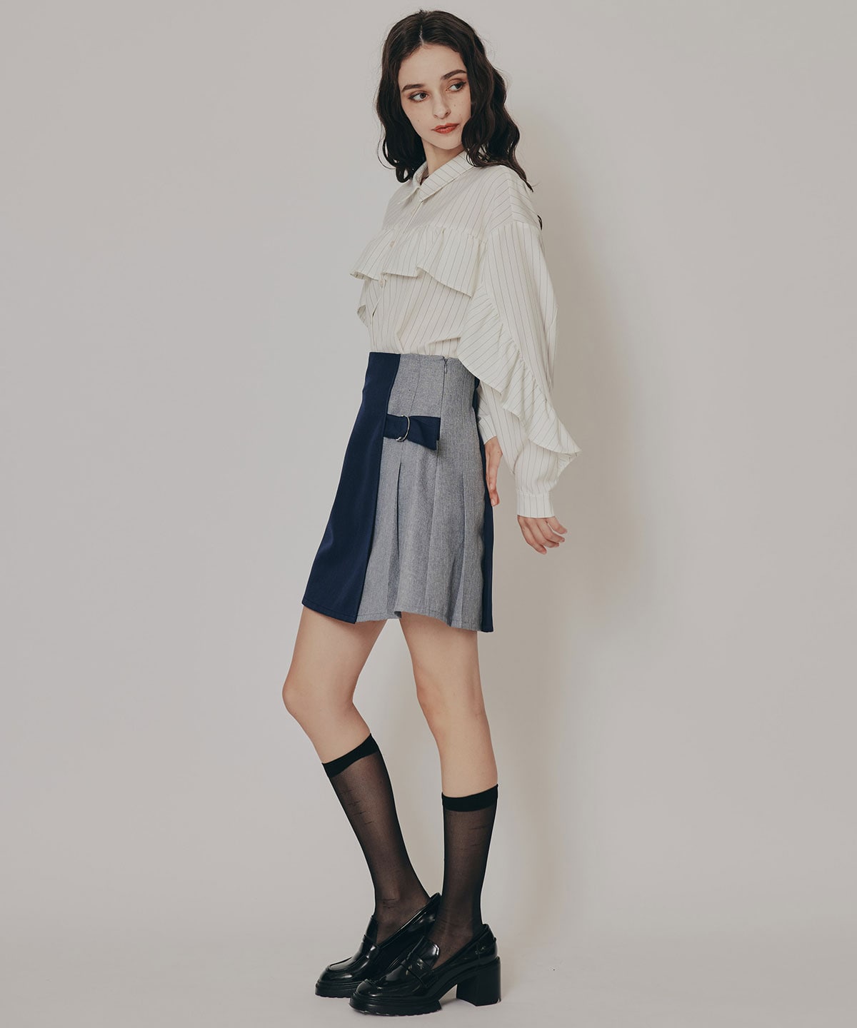 バイカラーアシメプリーツミニスカート