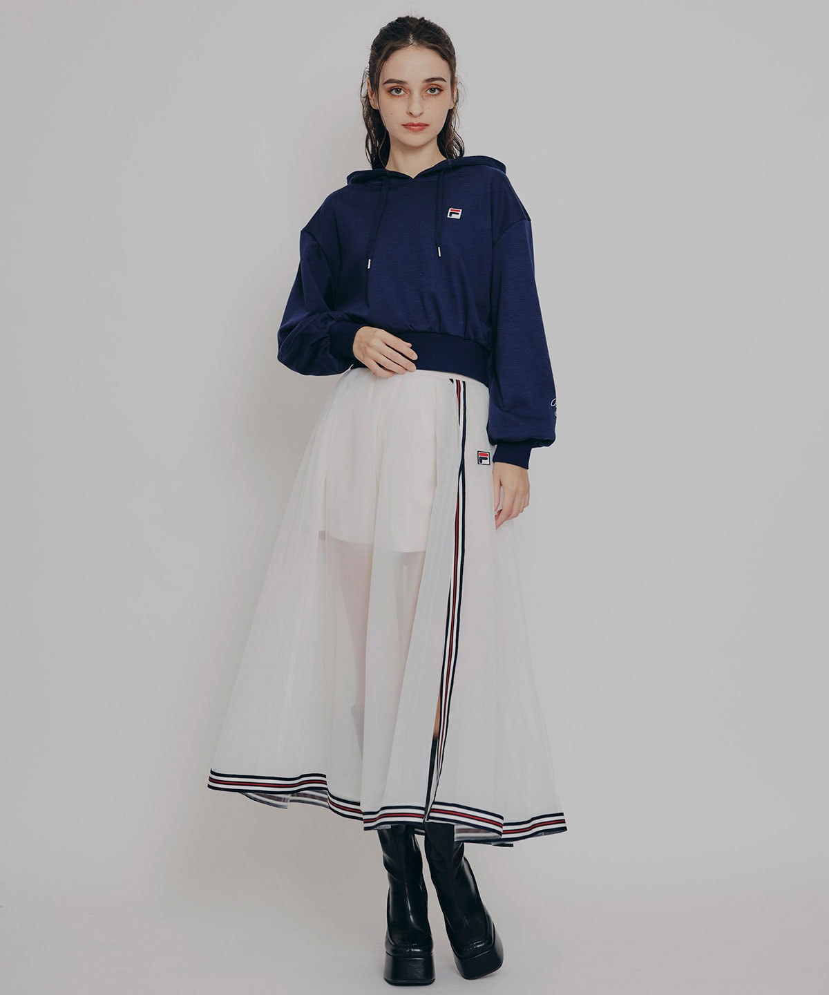 ［FILA×REDYAZEL］チュールレイヤードショートパンツ×トリコロールラインスリットロングスカート