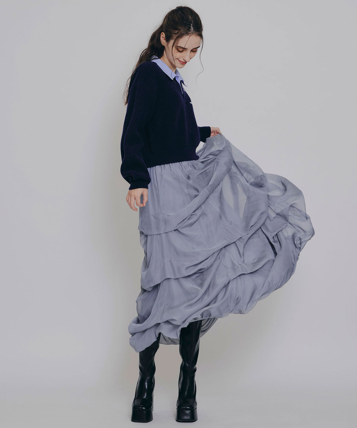 タックバルーンボリュームシフォンロングスカート