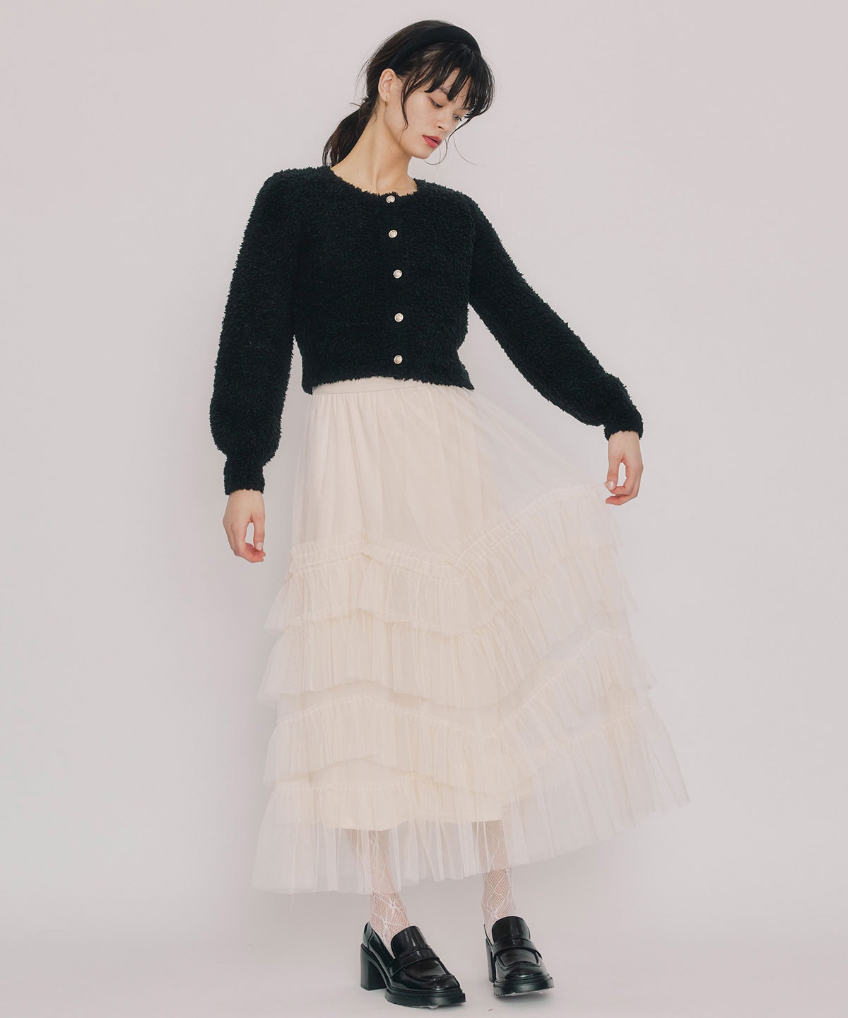 ギャザーチュールティアードロングスカート