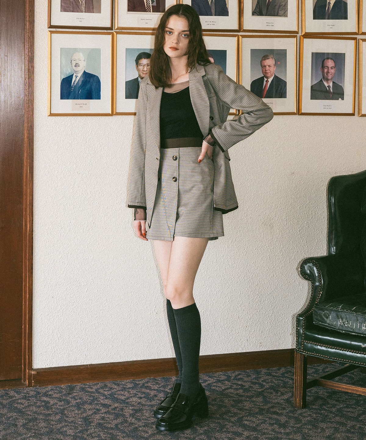 【セットアップ可能】グレンチェックミニラップスカートライクショートパンツ