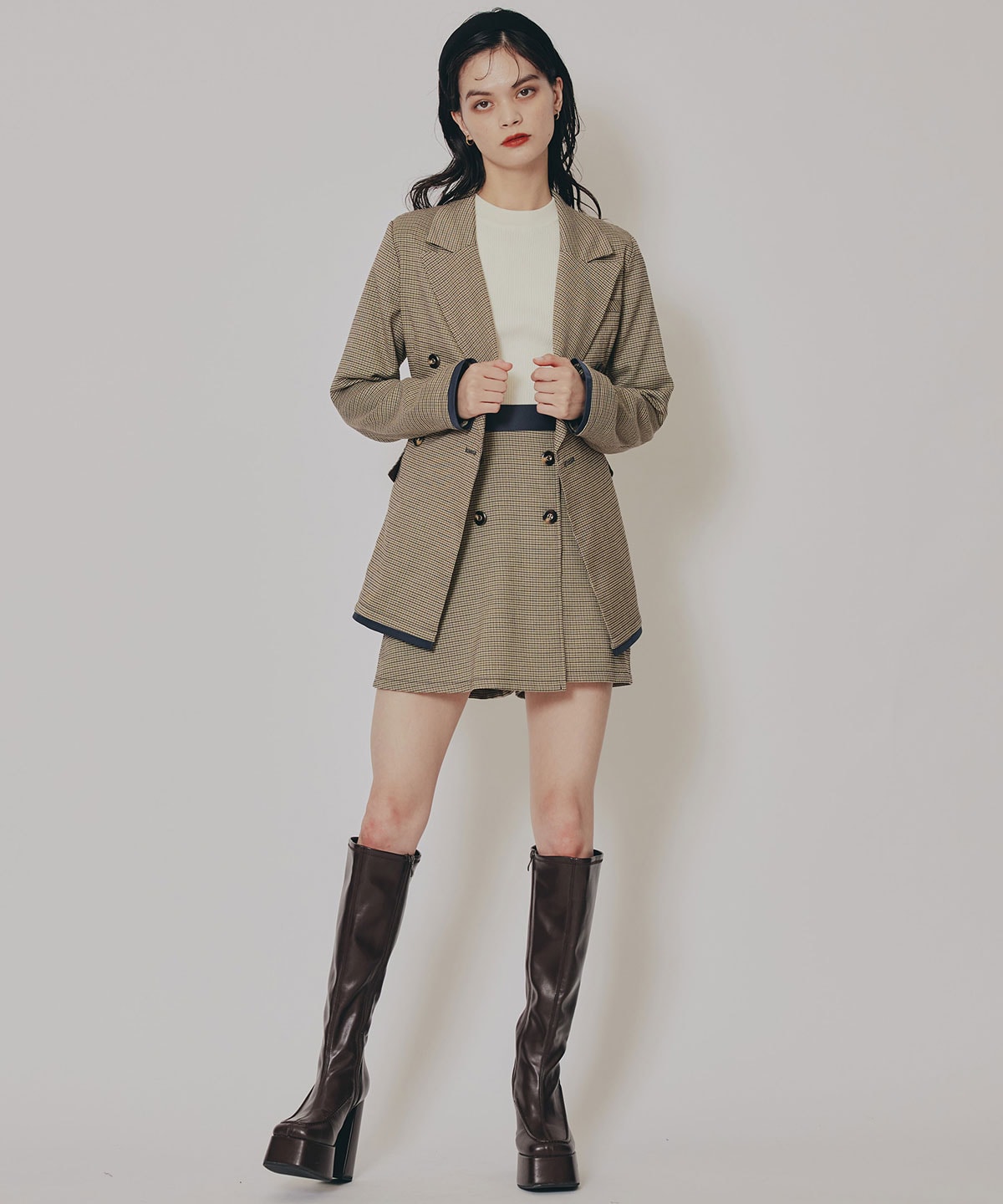 【セットアップ可能】グレンチェックミニラップスカートライクショートパンツ