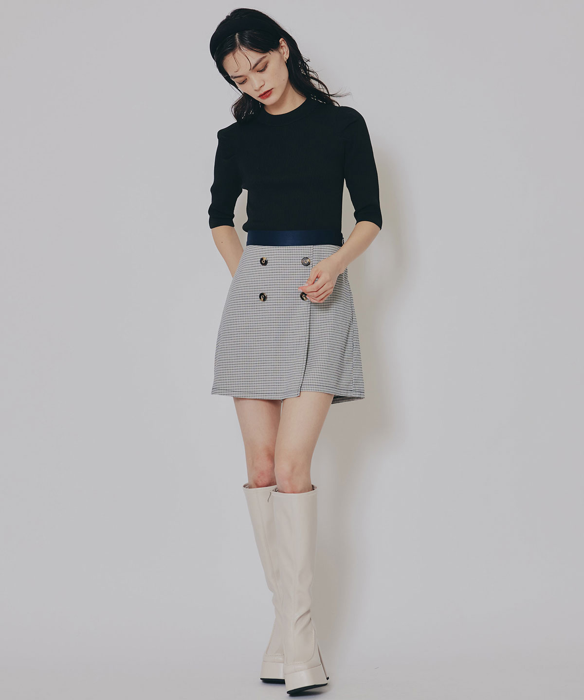 【セットアップ可能】グレンチェックミニラップスカートライクショートパンツ
