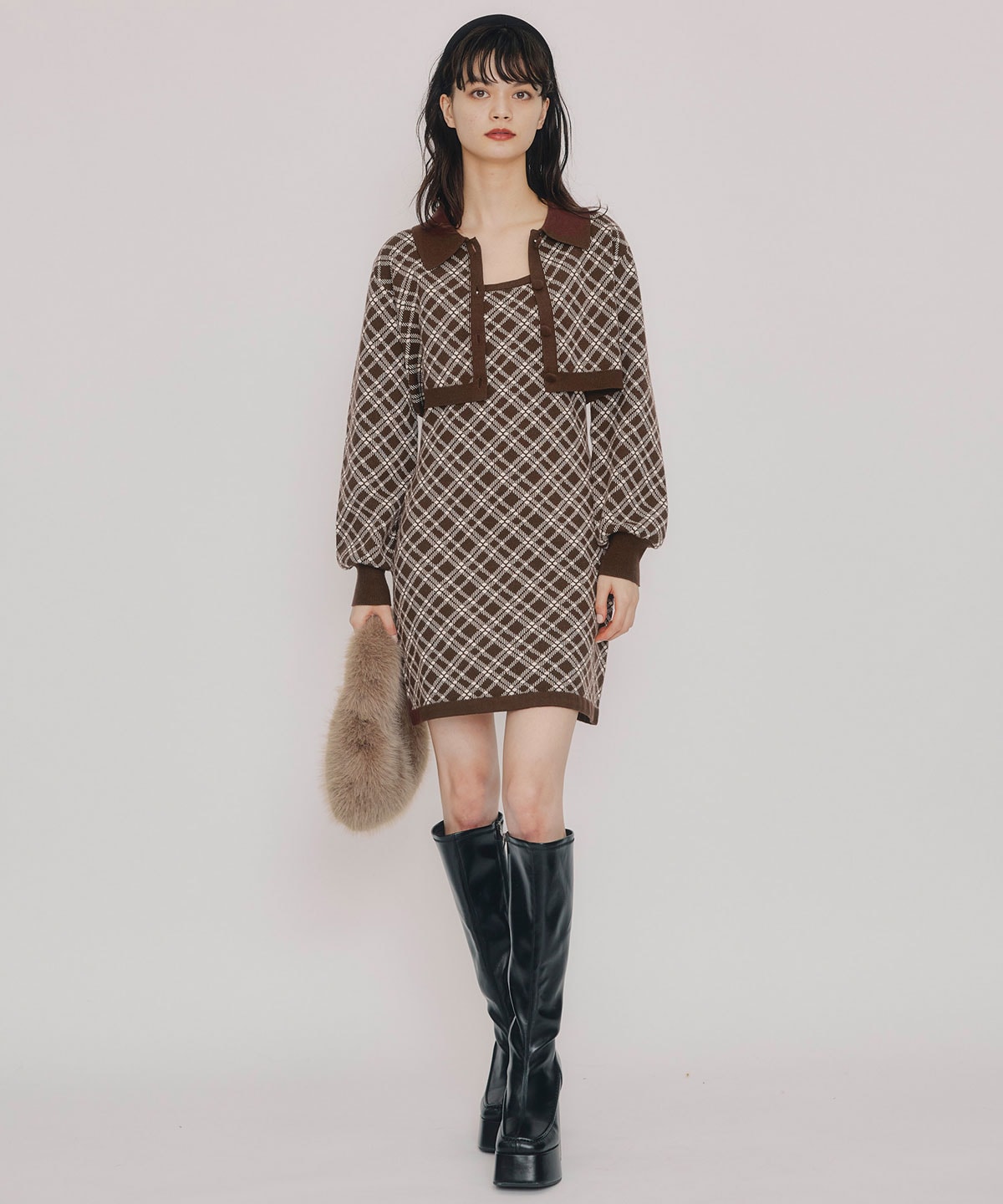 クラシカルニットカーディガン×キャミソールニットワンピースセットアップ