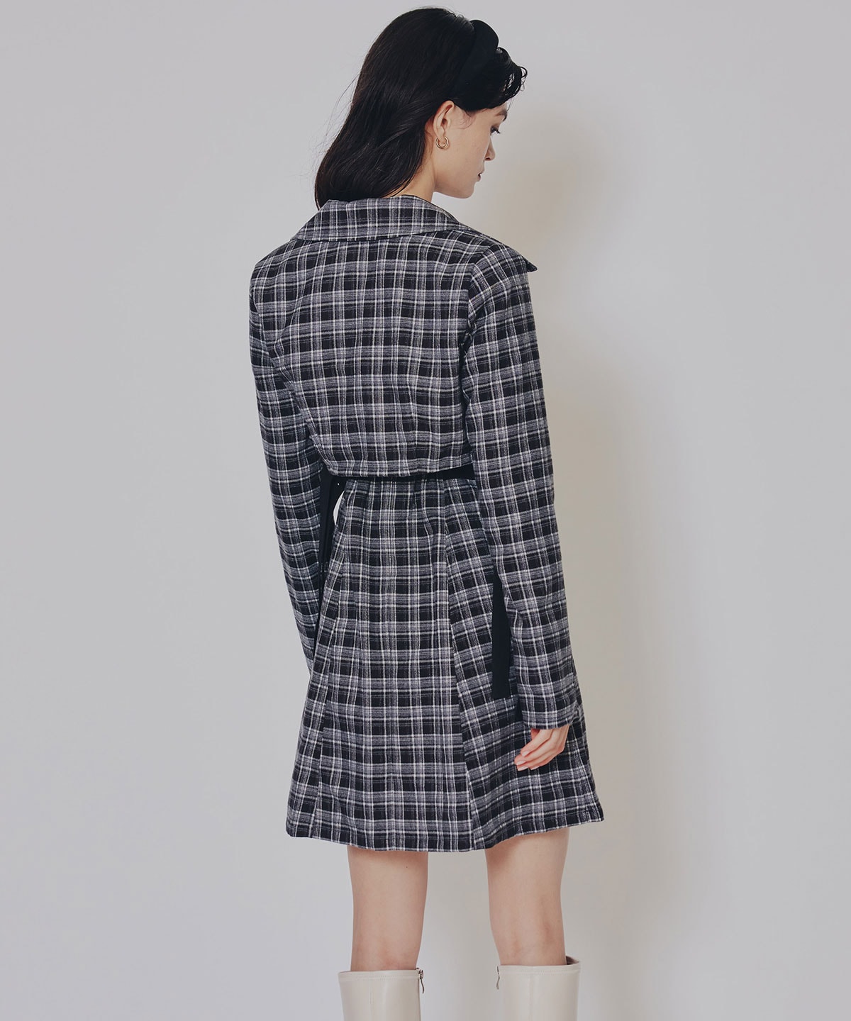 チェックショートジャケット×Wベルトワンピースセットアップ