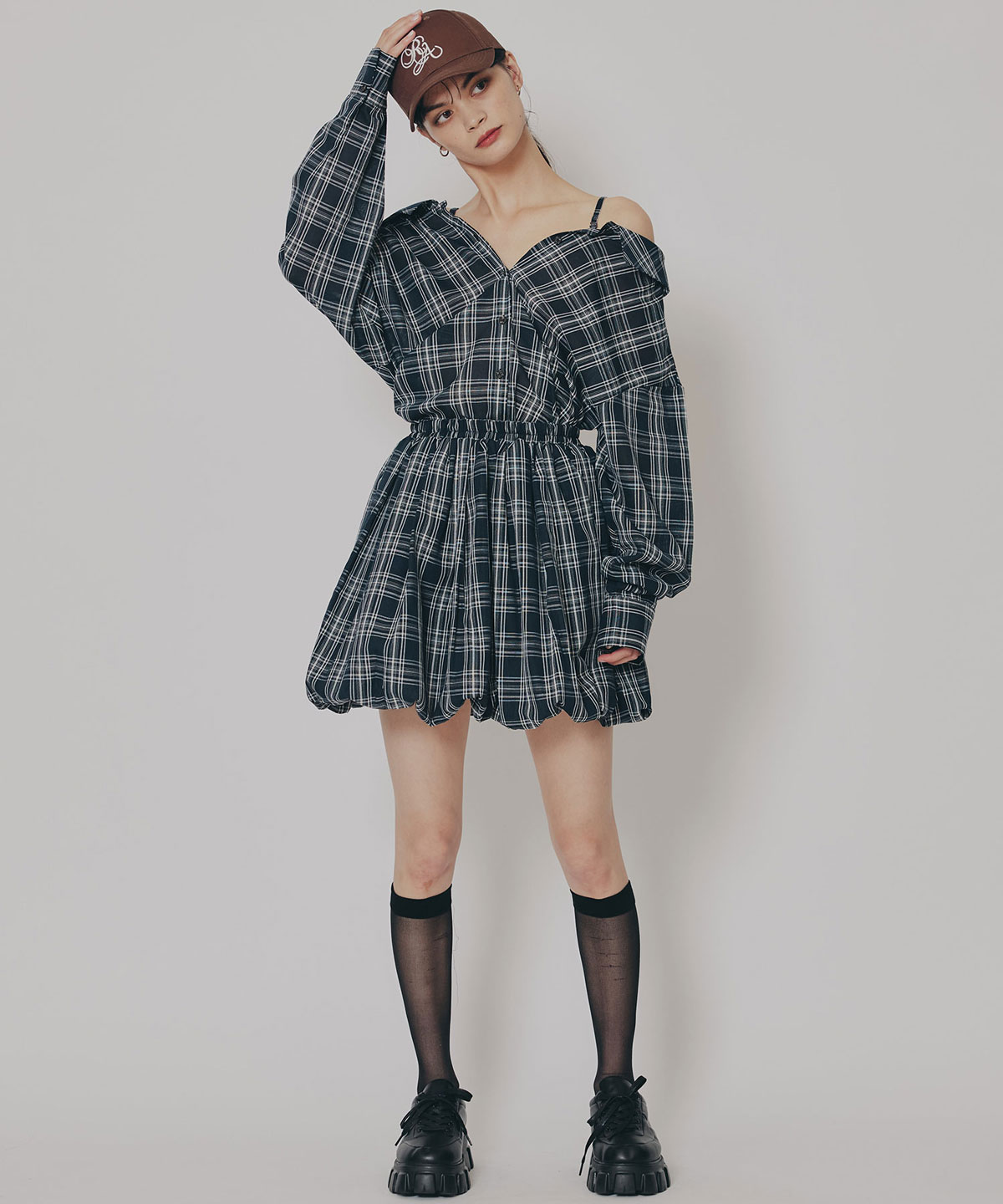 マルチWAYチェックブラウス×バルーンスカートセットアップ