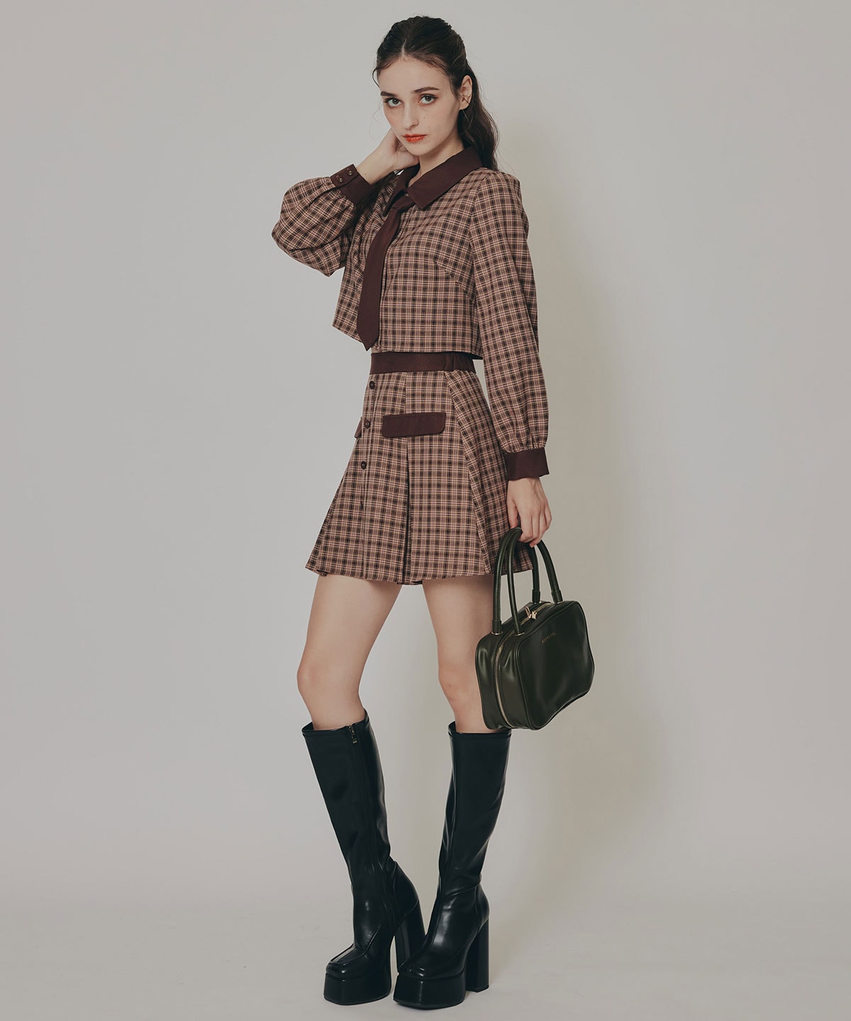 バイカラークラシックチェックブラウス×ミニスカートセットアップ