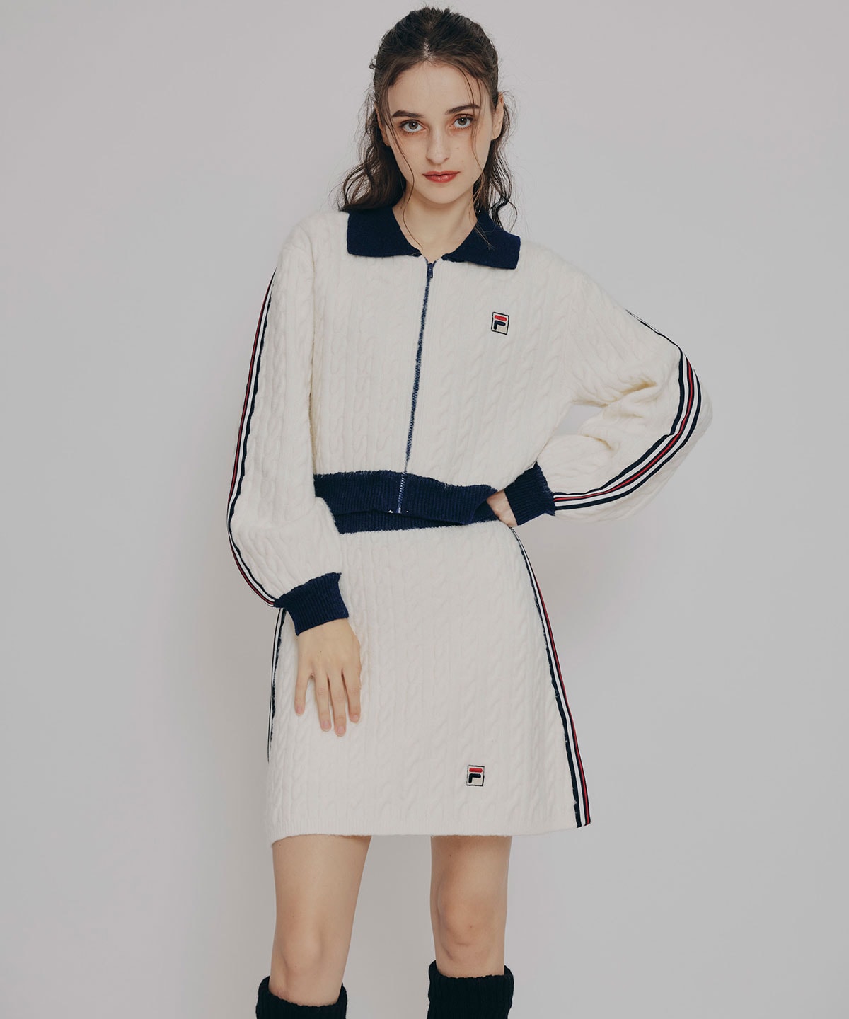 ［FILA×REDYAZEL］ケーブルニットトリコロールラインジャケット×タイトミニスカートセットアップ