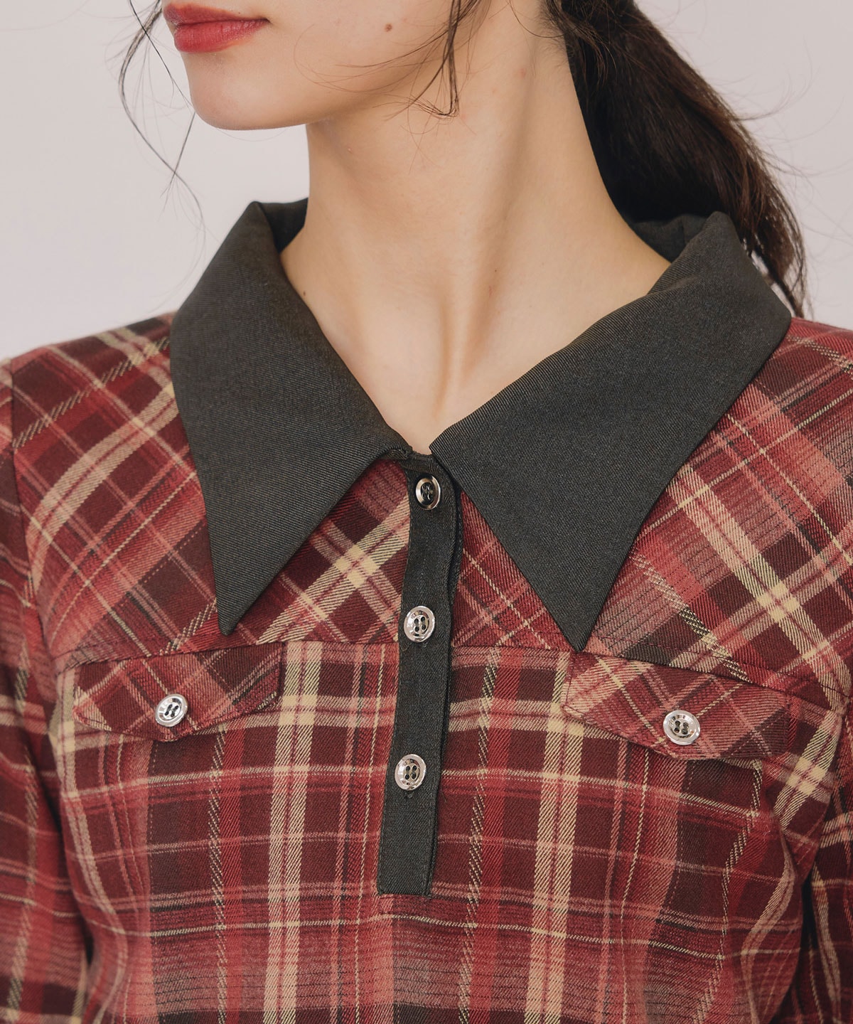 バイアスチェックショートブラウス×プリーツミニスカートセットアップ