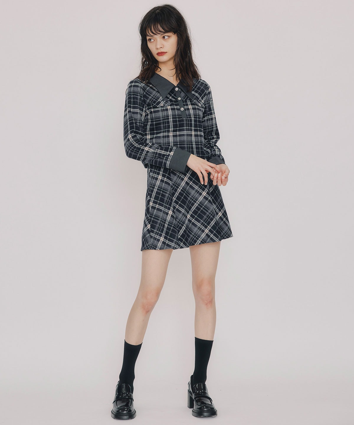 バイアスチェックショートブラウス×プリーツミニスカートセットアップ