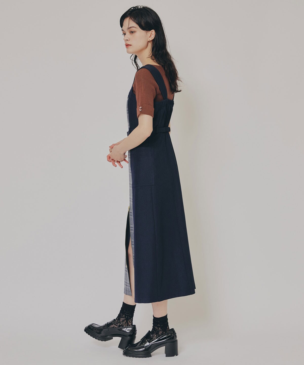 フロントジップバイカラーチェックワンピース