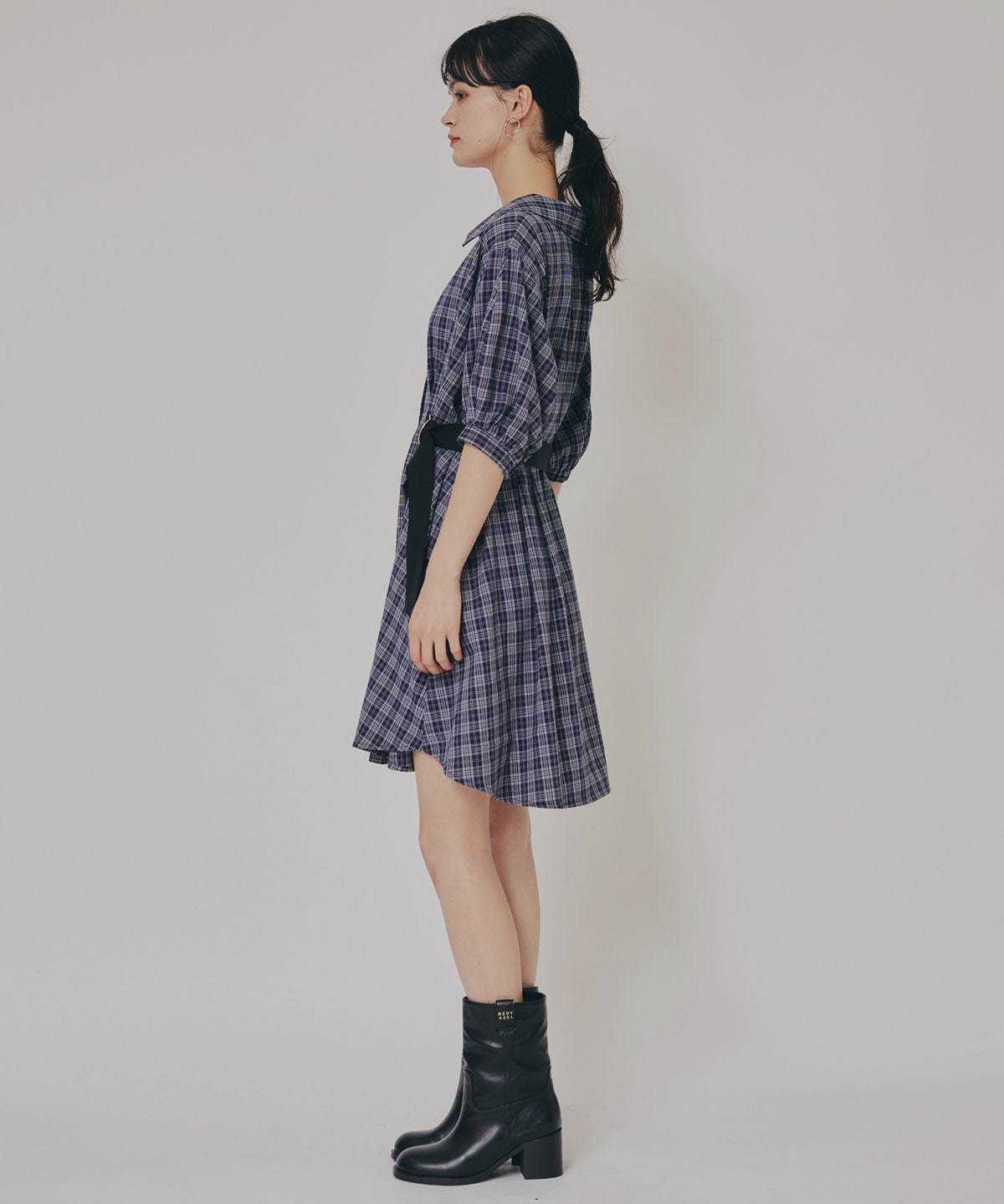 チェックバイカラーウエストベルトシャツワンピース