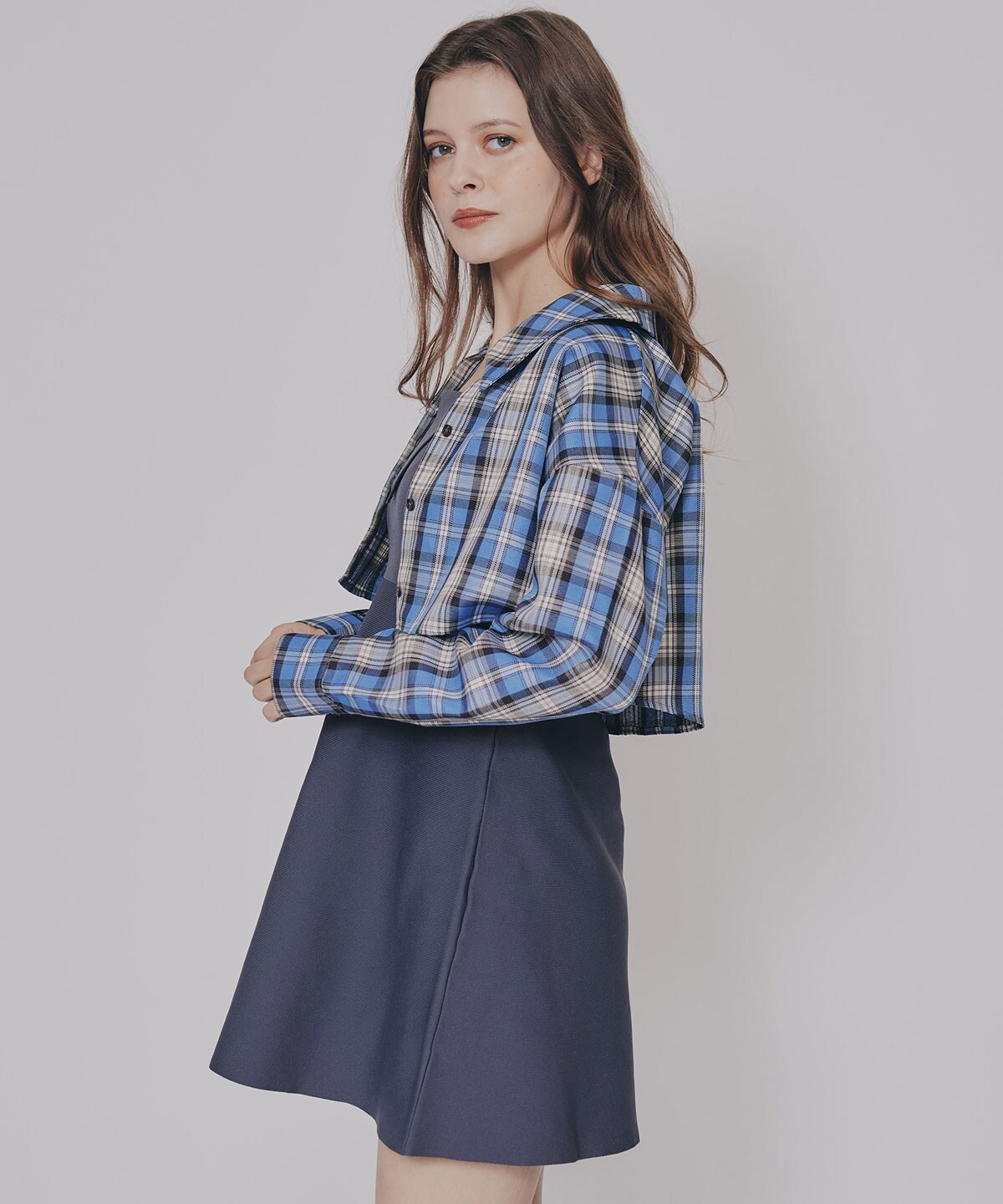 チェックショートシャツ×ニットミニワンピース