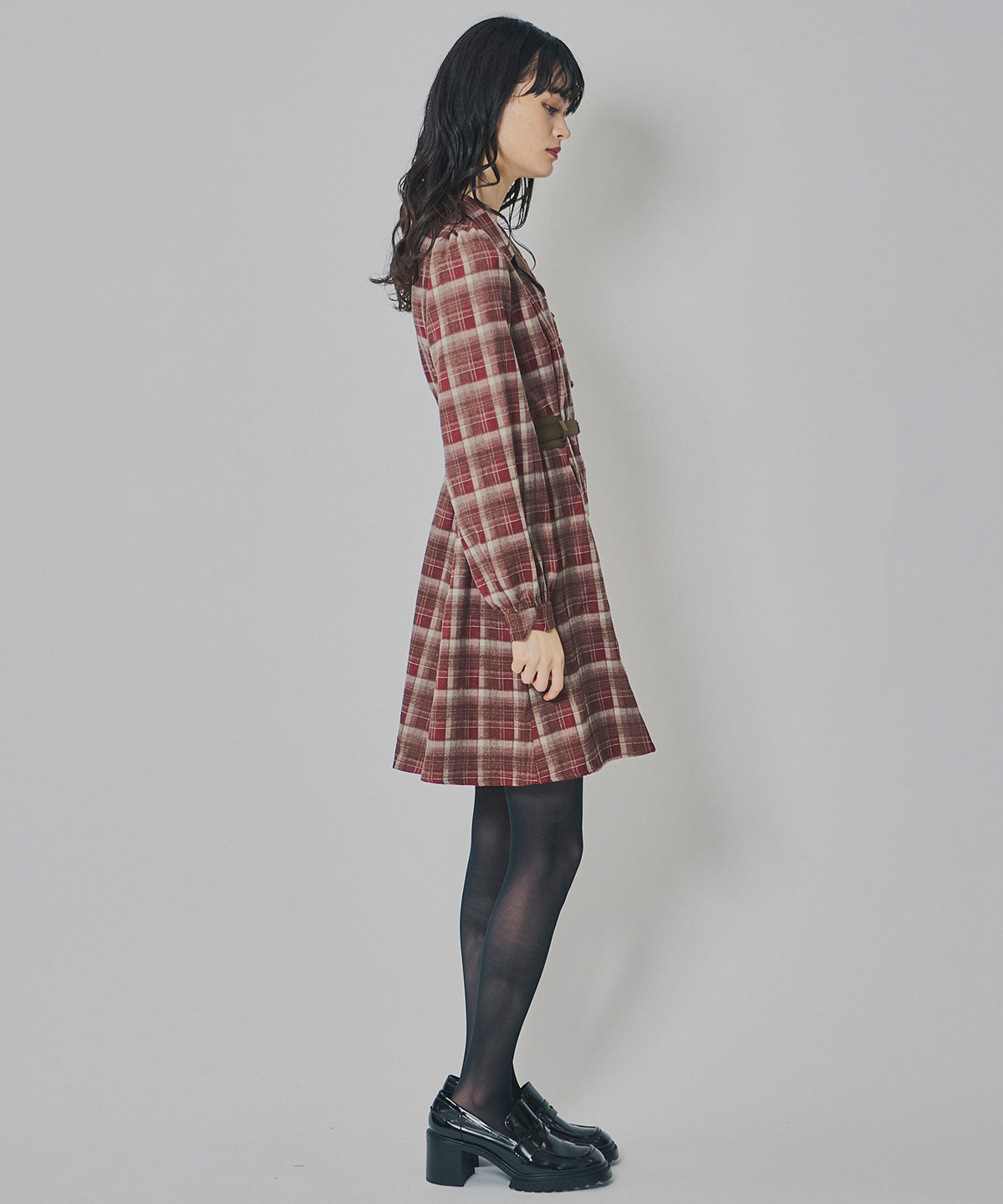 ウエストベルトチェックミニワンピース