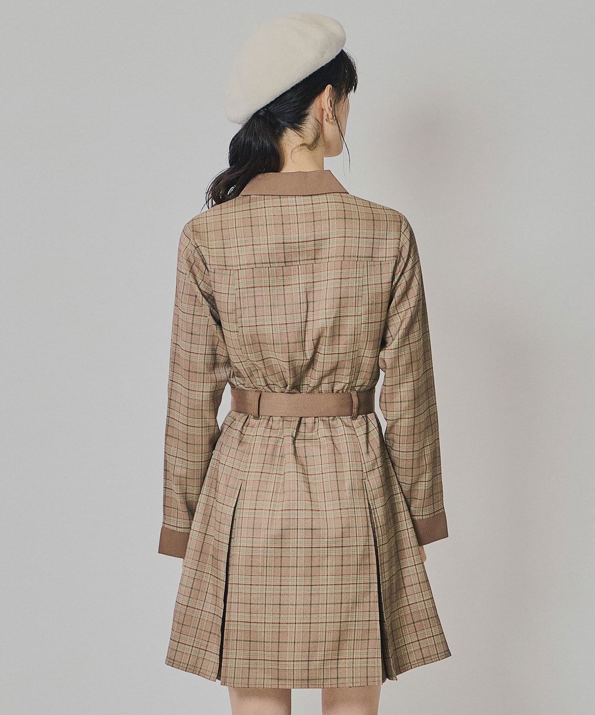 バイカラーチェックボックスプリーツシャツミニワンピース