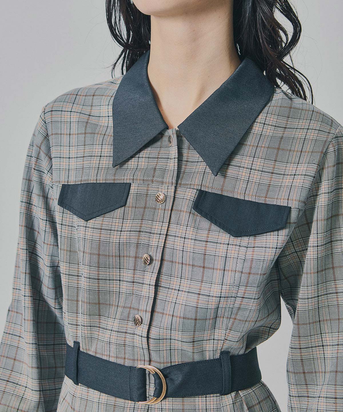 バイカラーチェックボックスプリーツシャツミニワンピース