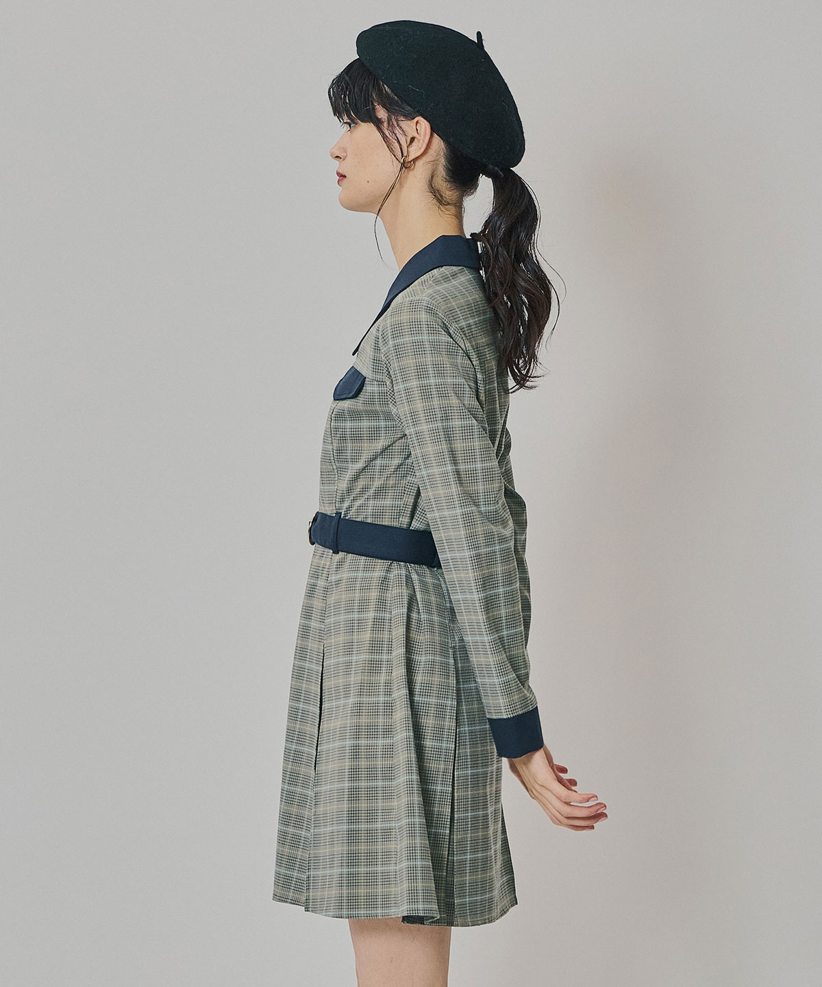 バイカラーチェックボックスプリーツシャツミニワンピース