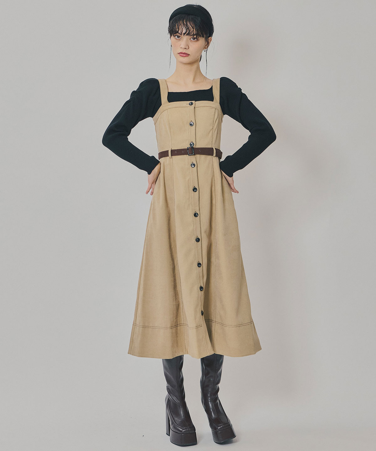 スエードライクショートジャケット×バイカラーワンピースセットアップ