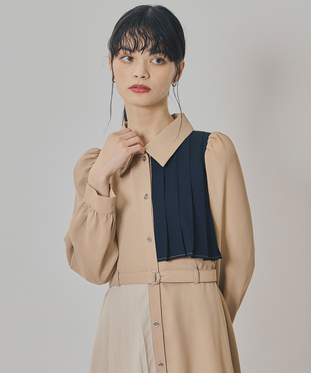 カラーブロックパネルアシメプリーツワンピース