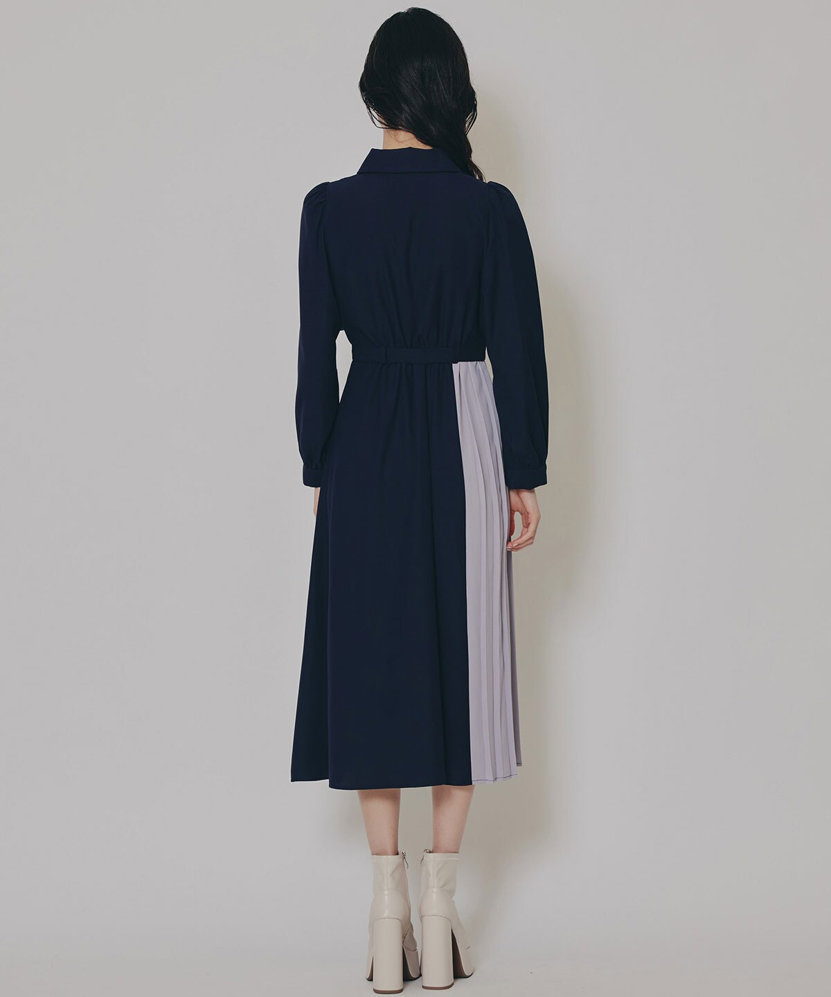 カラーブロックパネルアシメプリーツワンピース