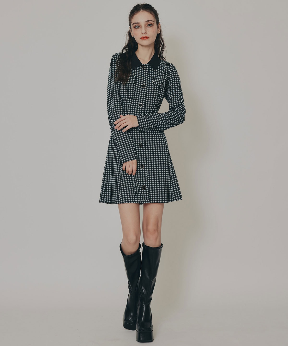 チェックバイカラーカットミニワンピース